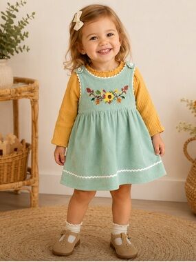 Dress and top set. Corduroy Embroidered Green Dress with Yellow Top